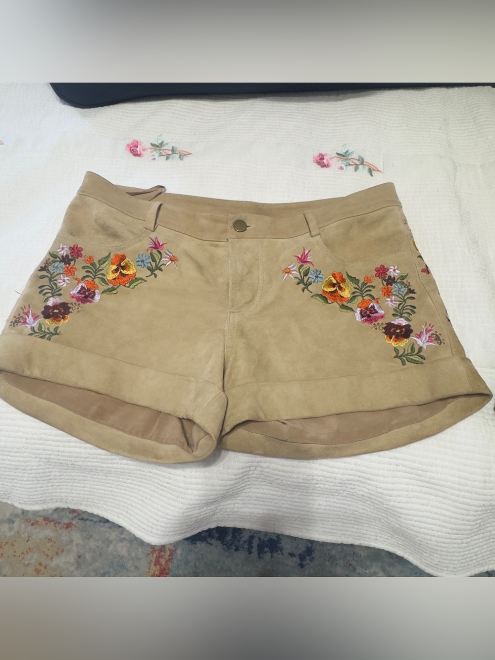 Haute Hippie Tan Suede Shorts with Colorful Floral Embroidery - Picture 2 of 5